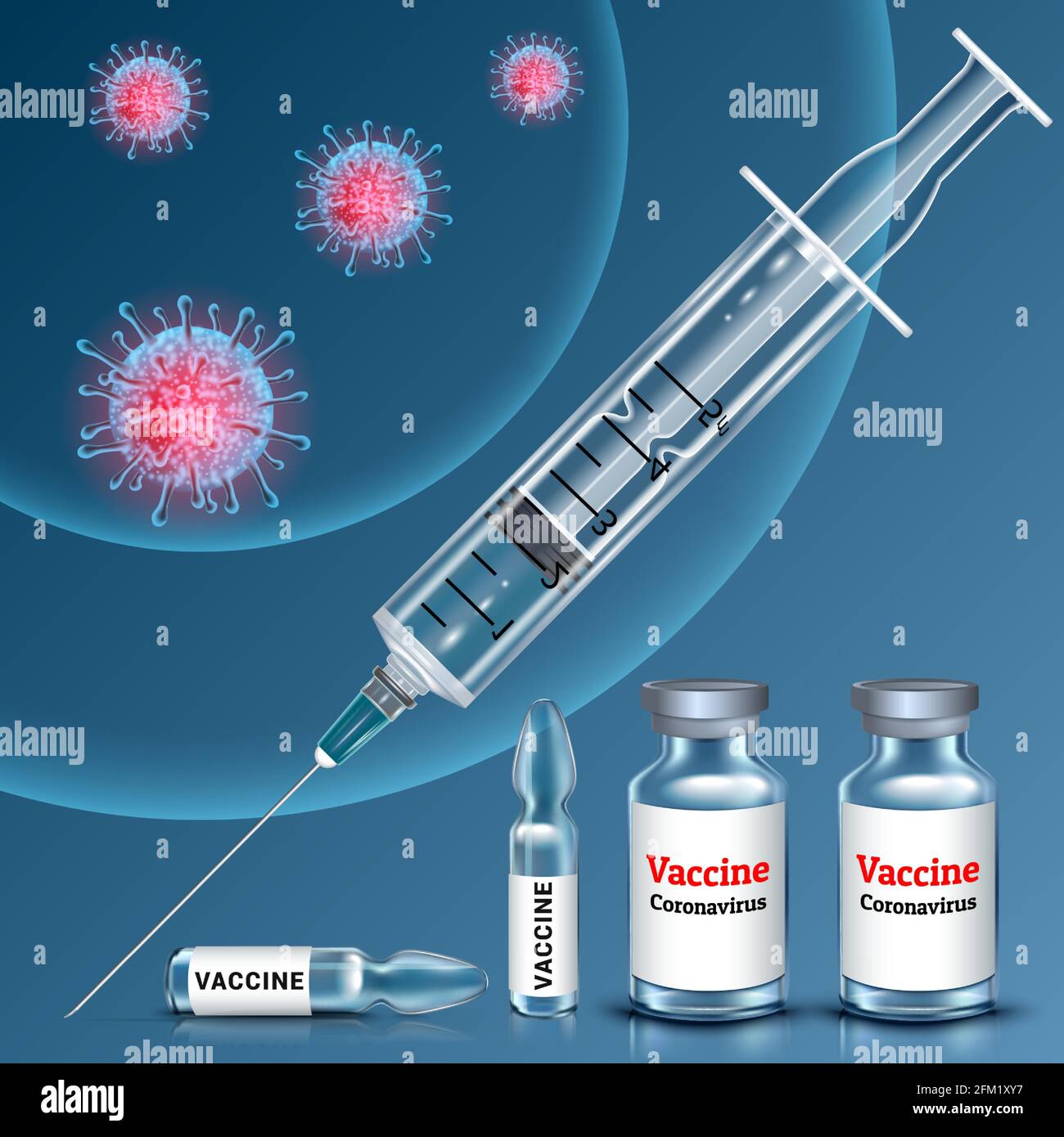 Bandera médica de vacunación. Jeringa y ampollas con vacuna coronavirus, previniendo una segunda ola de infección por COVID-19. 3d ilustración vectorial realista Ilustración del Vector