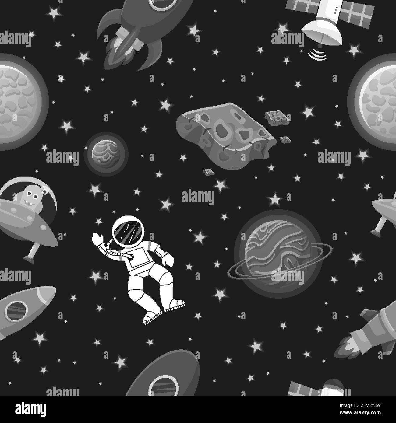 Tejido cósmico para niños. Astronauta con cohete y alienígena en el espacio  abierto Diseño Cute para niños tela y papel para envolver. Dibujos animados  planos estilo gracioso cos Imagen Vector de stock 
