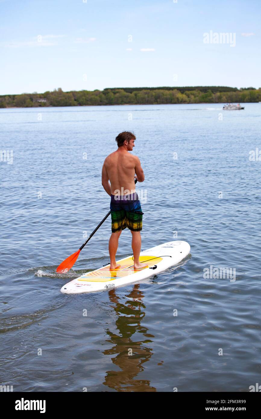 Adolescente disfrutando remando su tabla de surf de remo en un tranquilo lago Clitherall. Clitherall Minnesota MN Estados Unidos Foto de stock