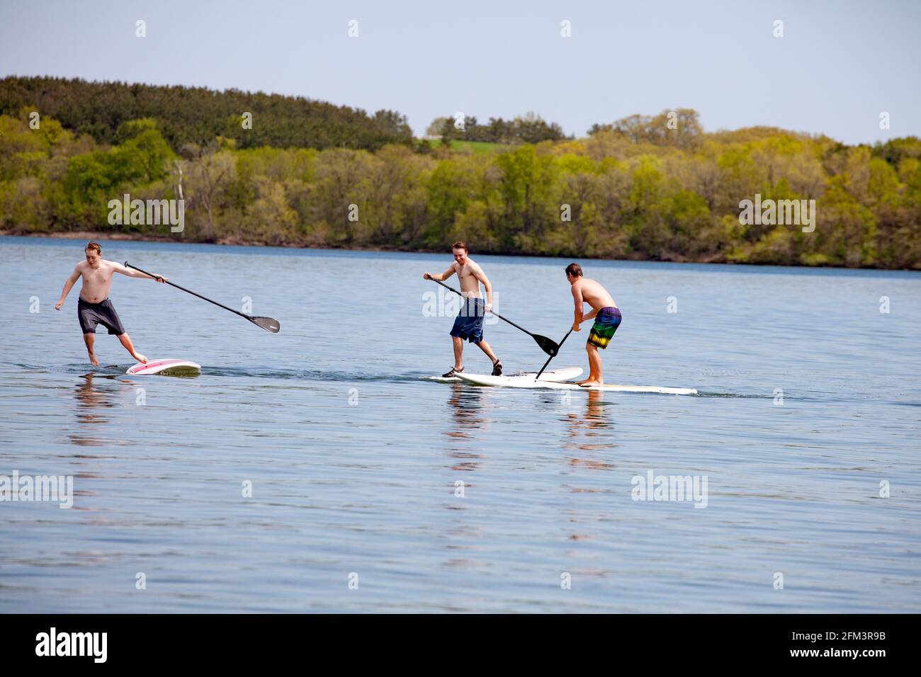 Tres adolescentes retozando juntos en tablas de remo en el tranquilo lago Clitherall. Clitherall Minnesota MN Estados Unidos Foto de stock