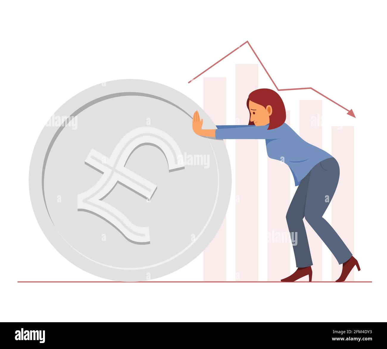 Mujer de negocios Empuje una moneda grande de la libra esterlina británica y las cartas de la barra en el fondo. Ilustración del Vector