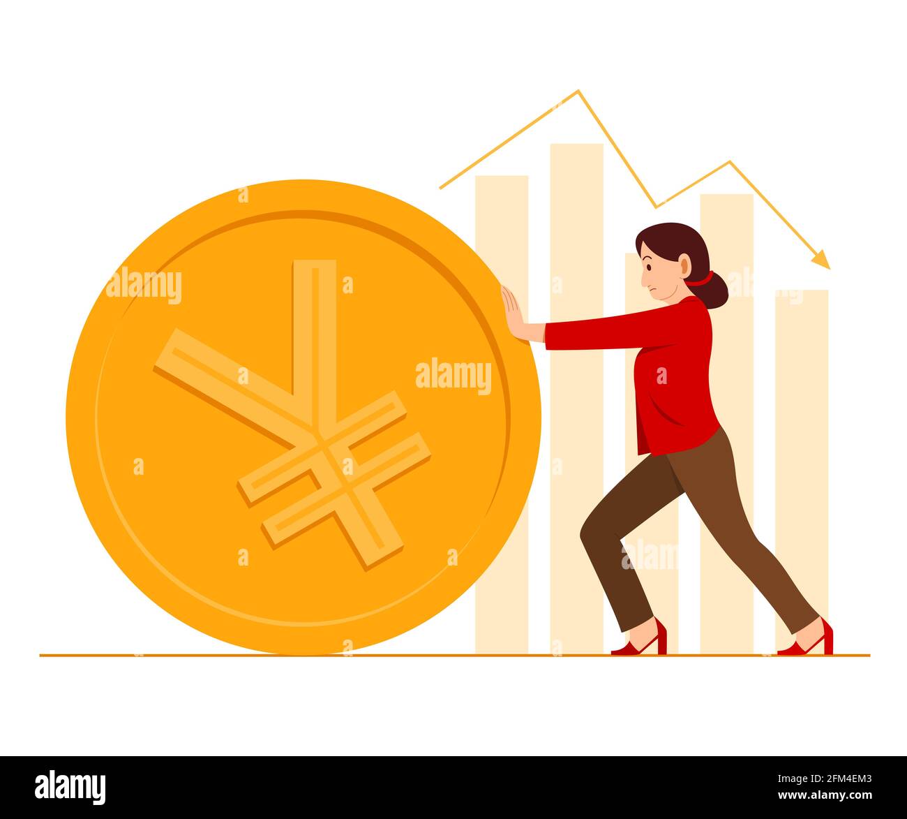 Mujer de negocios Empuje una moneda grande de Yuan chino y los gráficos de barras en el fondo. Ilustración del Vector