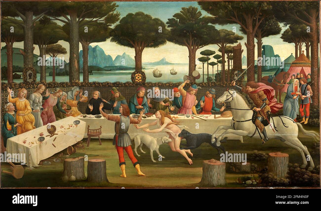 ' Nastagio degli Onesti ' de Sandro Botticelli de la novela Decameron de Boccaccio Foto de stock
