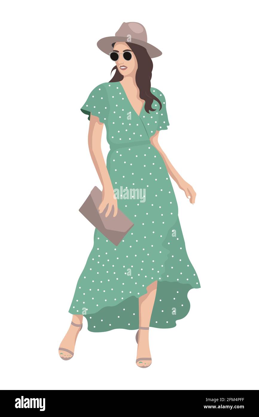 Mujeres en tacones altos vestidos con ropa de moda con estilo, chicas de moda - hermosa chica en verano largo vestido de soldress y sombrero hembra caricatura char Imagen Vector de