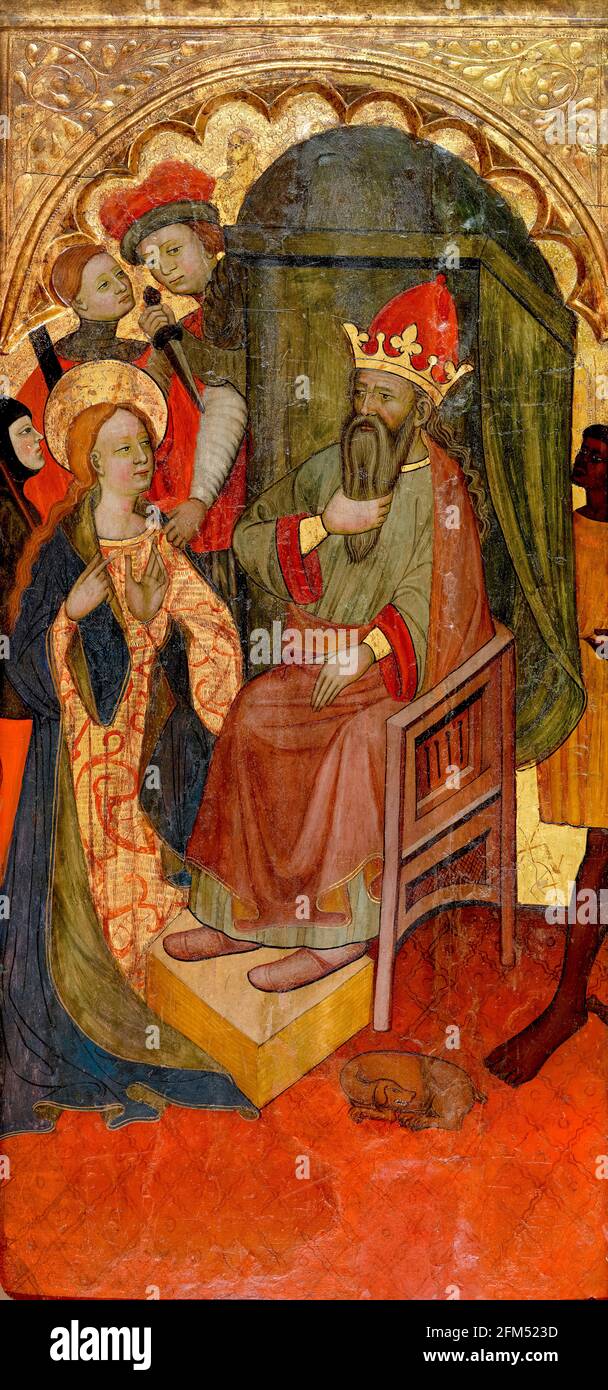 Santa Katherine de Alejandría ante el emperador romano Maxencio, pintura de Nicolás Solano, 1418-1433 Foto de stock