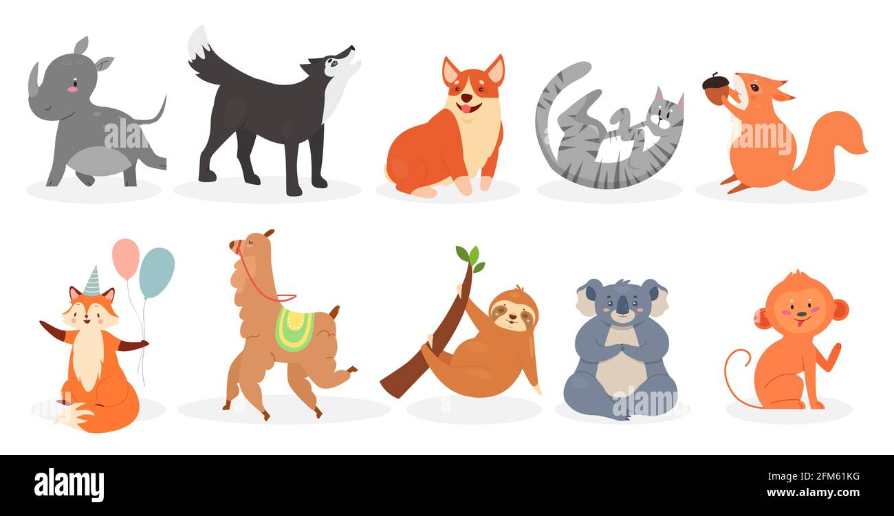 Juego de ilustración de vector de animales lindos. Dibujos animados animales domésticos y zoológico o animales salvajes de la colección de personajes, ardilla que sostiene nogal, perezoso en rama de árbol, koala Juego de ilustración de vector de animales lindos. Dibujos animados animales domésticos y zoológico o animales salvajes de la colección de personajes, ardilla que sostiene nogal, perezoso en rama de árbol, koala
