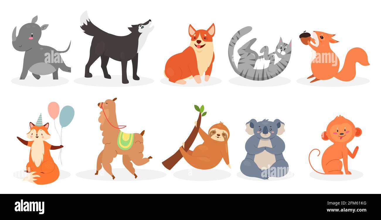 Juego de ilustración de vector de animales lindos. Dibujos animados animales domésticos y zoológico o animales salvajes de la colección de personajes, ardilla que sostiene nogal, perezoso en rama de árbol, koala mono lobo perro gato aislado en blanco Ilustración del Vector