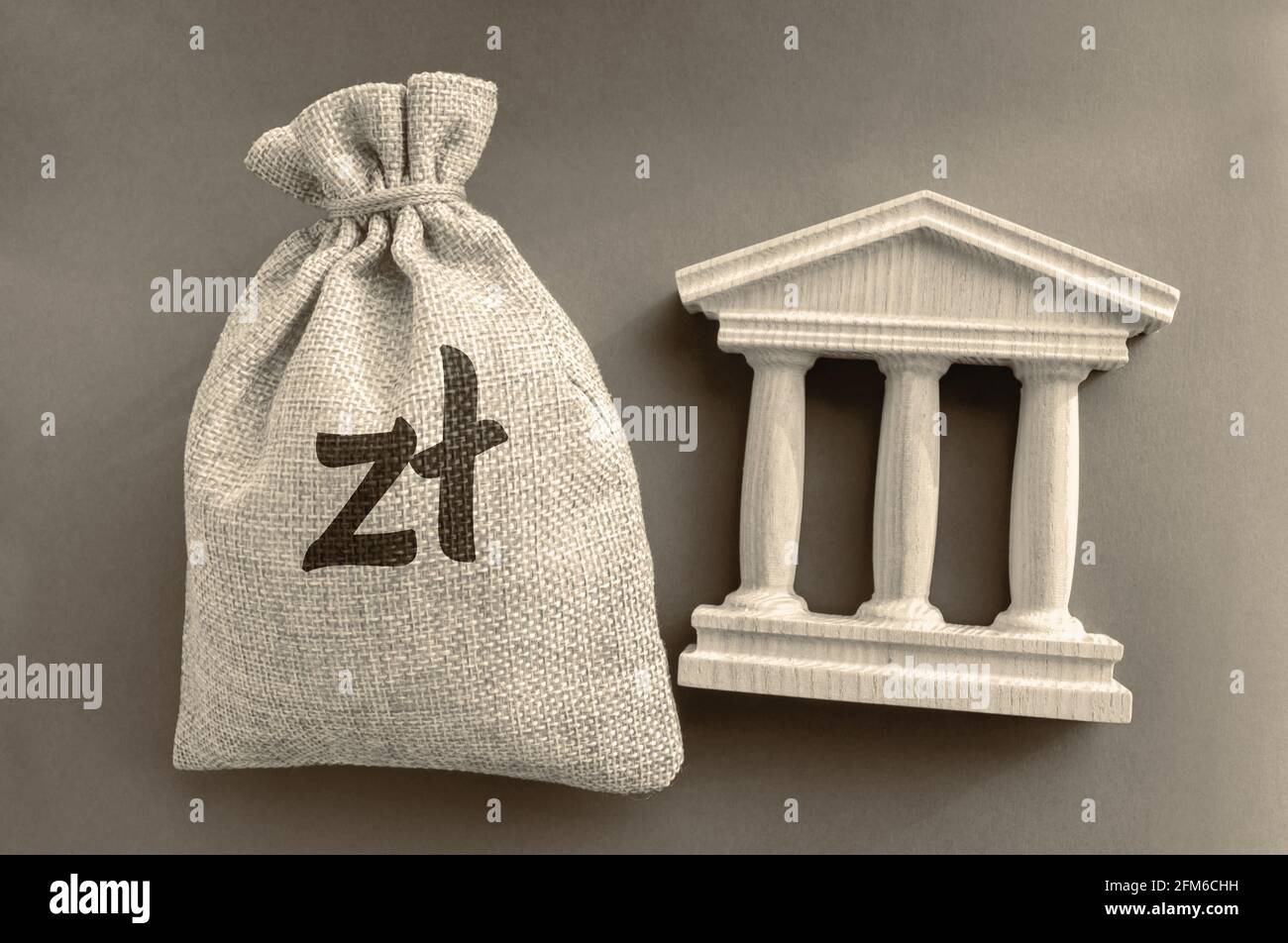 Bolsa de dinero polaca zloty y edificio del gobierno. Concepto de negocios y finanzas. Depósito, préstamo e inversión en el banco. Crédito. Ayuda del estado Foto de stock