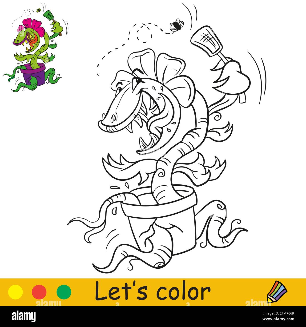 Colorear página del libro gracioso planta carnívora que captura para arriba  una mosca. Personaje de dibujos animados. Ilustración vectorial aislada.  Concepto de Halloween. Para colorear libro, p Imagen Vector de stock -