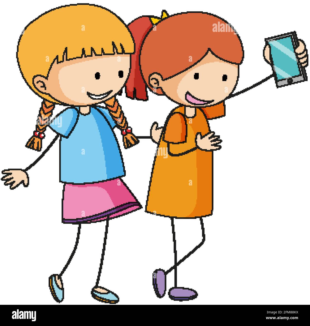 Dos niñas de dibujos animados personaje tomando un selfie en mano dibujado  ilustración aislada de estilo de fideos Imagen Vector de stock - Alamy