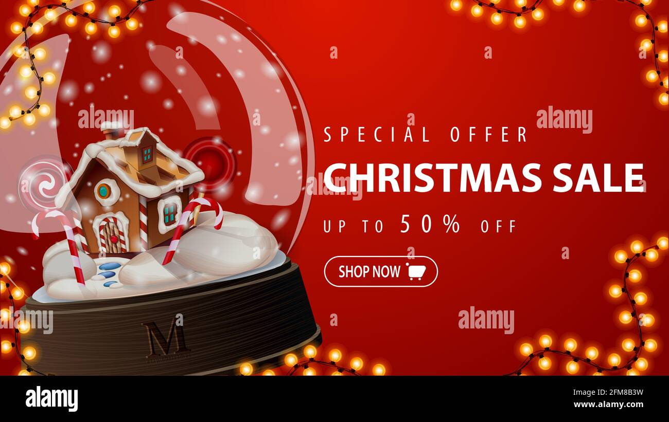 Oferta especial, rebajas de Navidad, hasta 50 de descuento, banner rojo con  gran globo de nieve con casa de pan de jengibre de Navidad en el interior  Fotografía de stock - Alamy