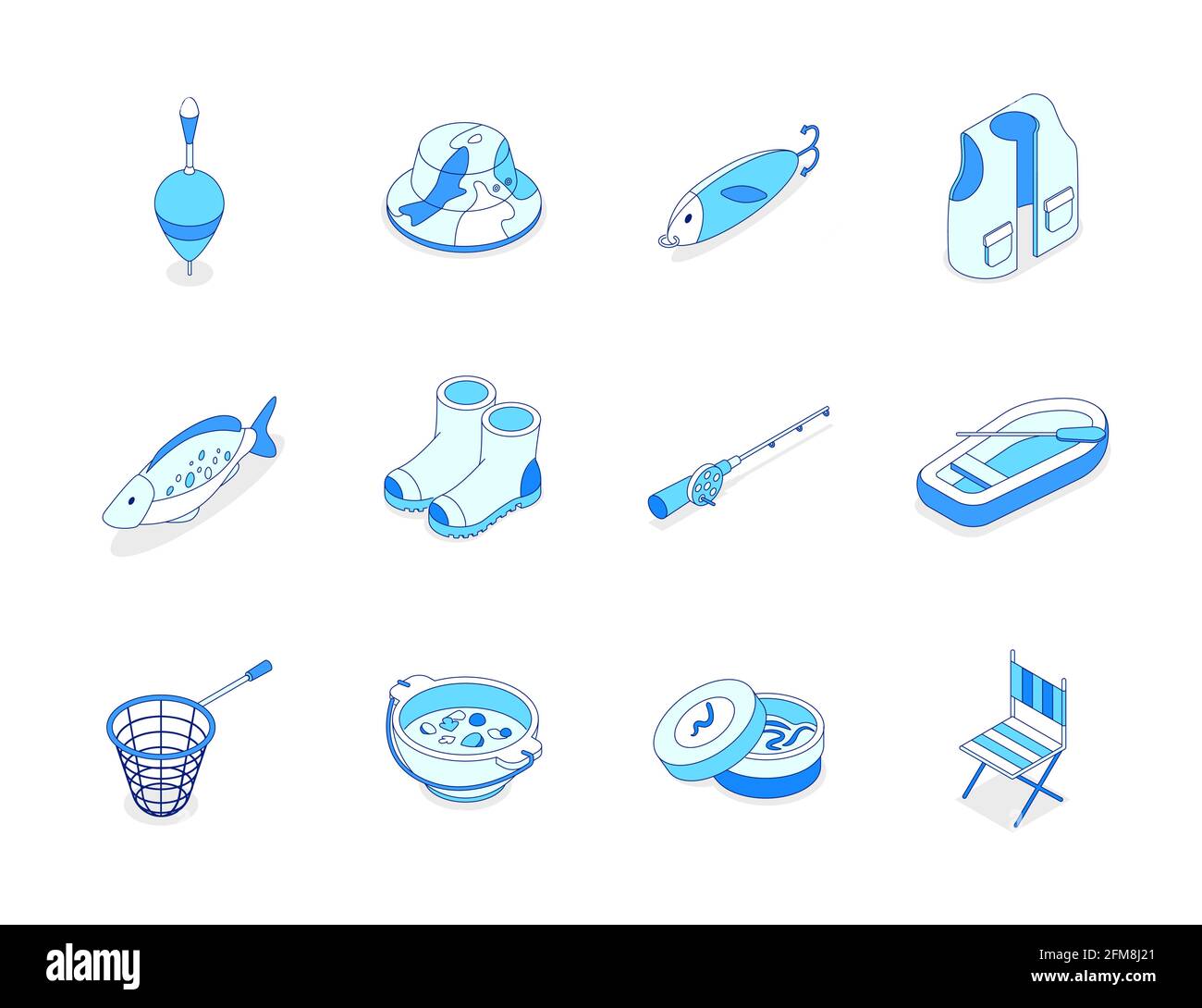 Equipo de pesca - línea moderna conjunto de iconos isométricos. Hobby, recreación y actividades de verano. Peces, botas de goma, chaleco, caña, bote y charco, s Ilustración del Vector
