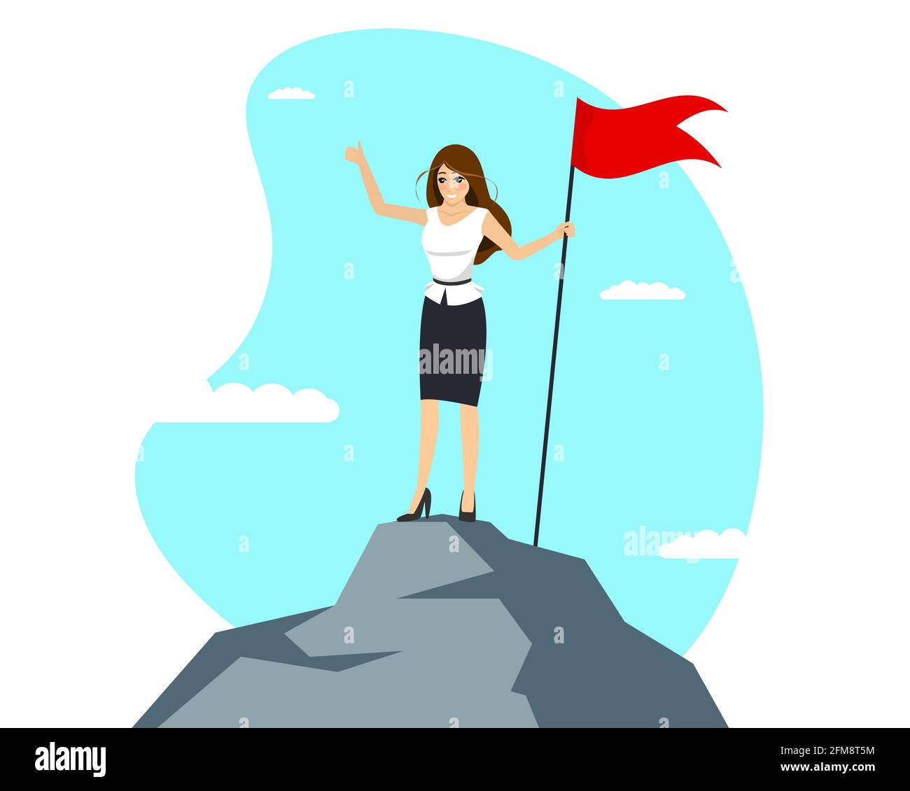 Empresaria de éxito con bandera roja en la cima de la montaña. Mujer de