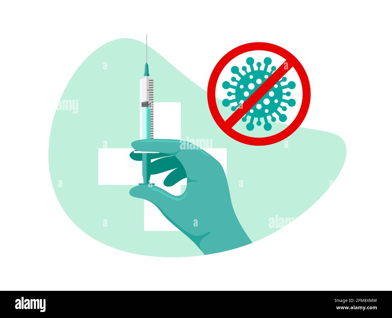 La mano del doctor en el guante verde sostiene la jeringa de vacuna de la infección del coronavirus en el fondo de la señal de primeros auxilios. Vacuna contra la enfermedad COVID-19. Médico 2019-nco Ilustración del Vector