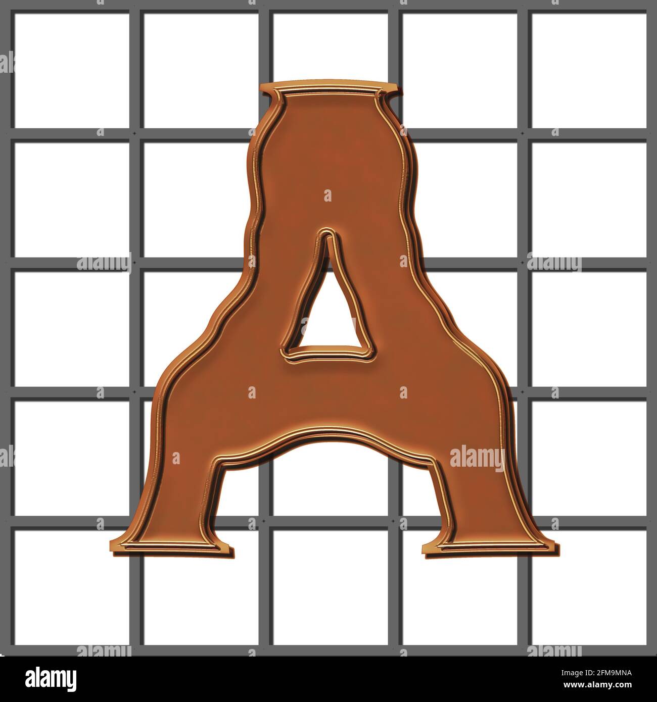 Gráfico cuadrado con el carácter en mayúsculas A de cobre sobre una rejilla de acero Foto de stock