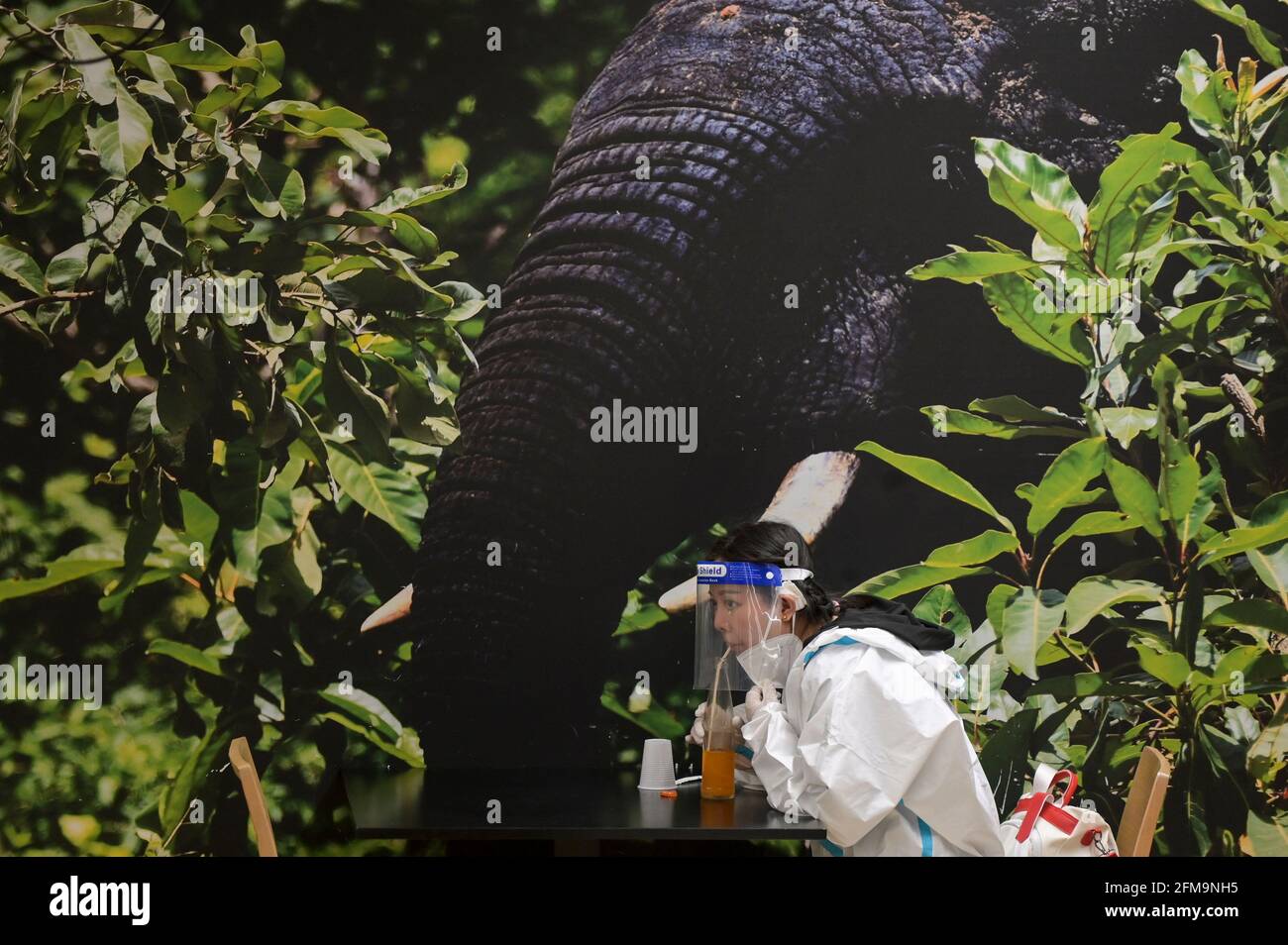 COSTA DE MARFIL, Abiyán, aeropuerto, locura de corona, mujer china viajero con protección corporal completa durante la pandemia de Corona, beber jugo en restaurante del aeropuerto / ELFENBEINKÜSTE, Abiyán, Flughafen, Chinesische Reisende en Schutzkleidung während der Corona Pandemie Foto de stock