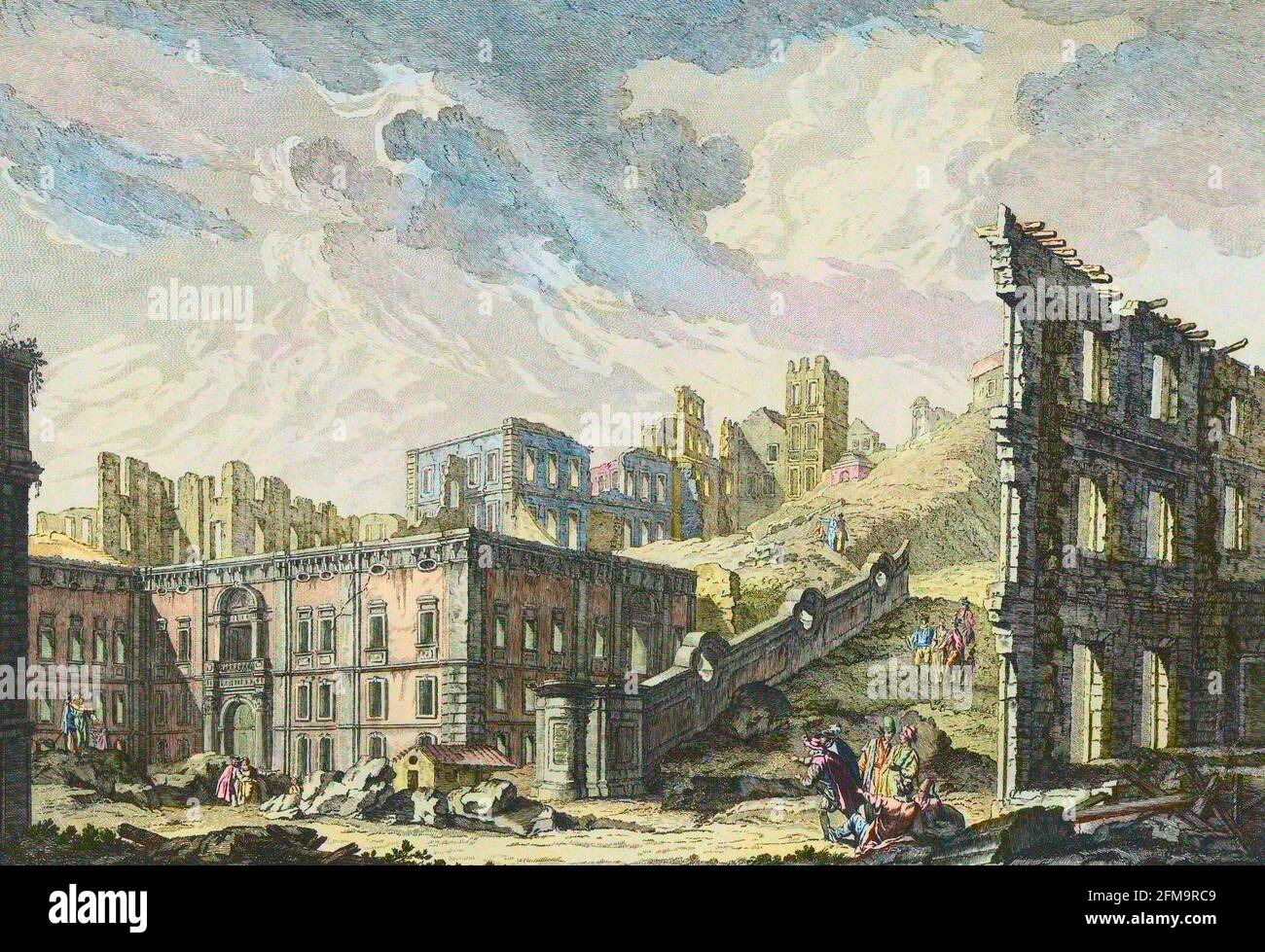 El terremoto de Lisboa 1755. Ruinas de la Plaza de la Iglesia Patriarcal por Jacques-Philippe Le Bas, 1757 Foto de stock