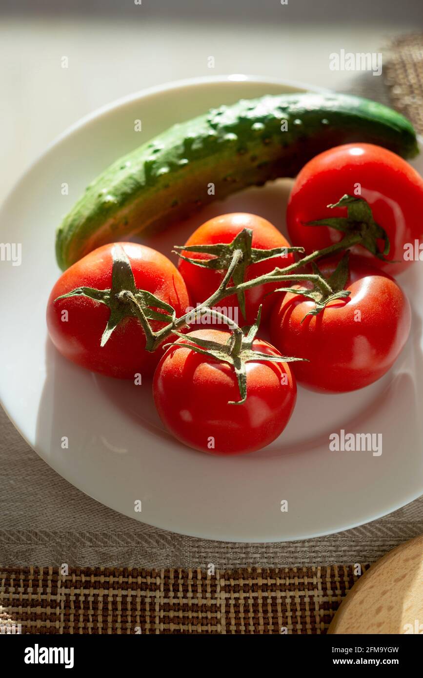 Tomates en una rama y pepino en un plato blanco. Foto retroiluminada. Copspace Foto de stock