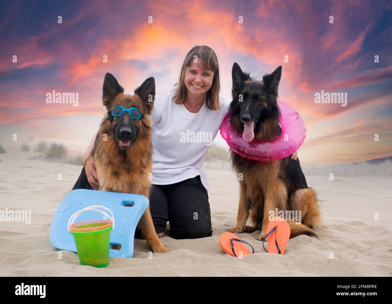 mujer y pastores alemanes se quedan en la playa Foto de stock
