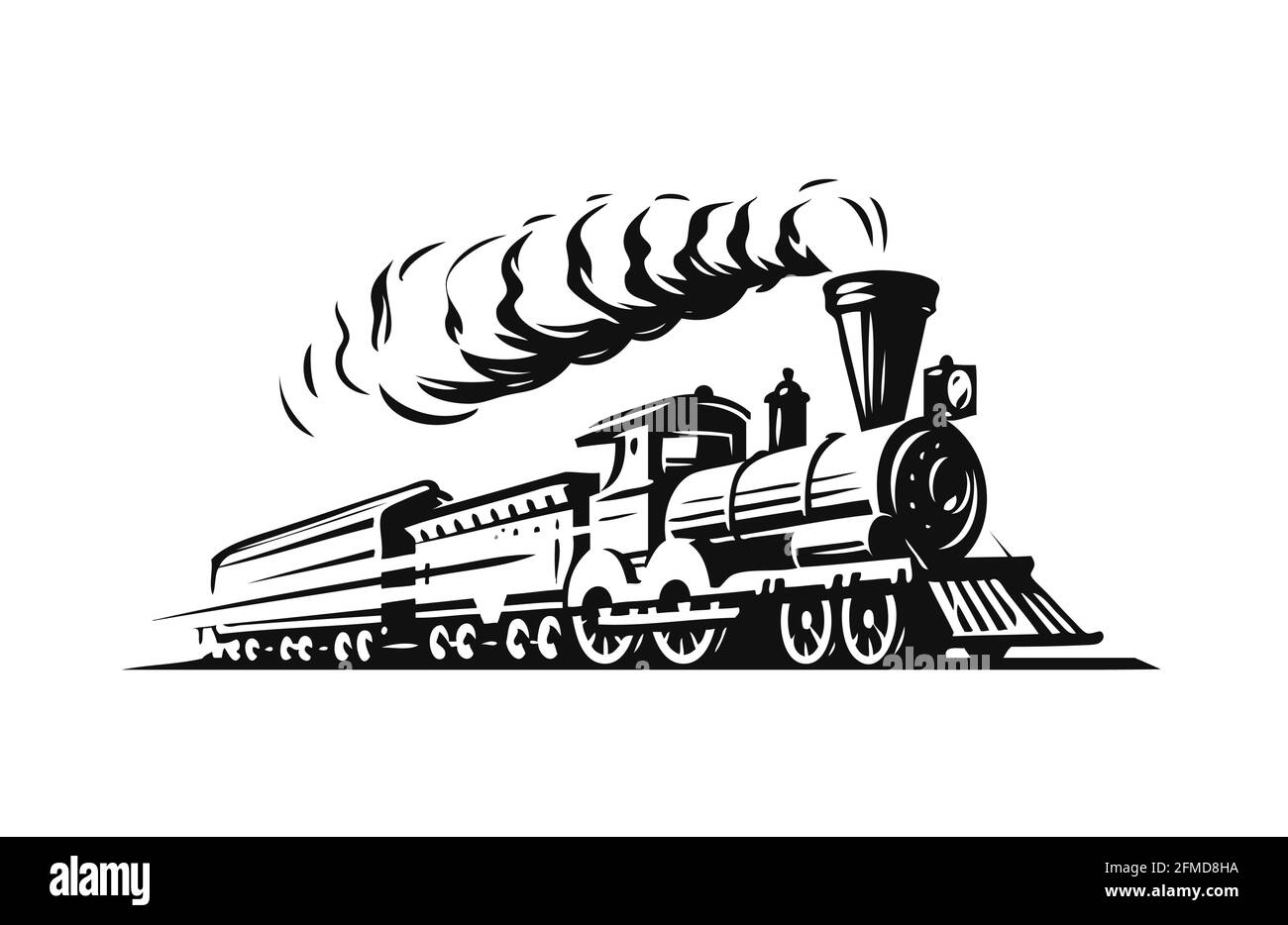 Locomotora de vapor retro en movimiento. Emblema de tren vintage o ilustración de vector de símbolo Ilustración del Vector