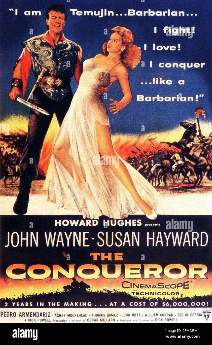 LA película THE CONQUEROR 1956 RKO Radio Pictures con Susan Hayward y John Wayne. Cartel de Reynold Brown Foto de stock