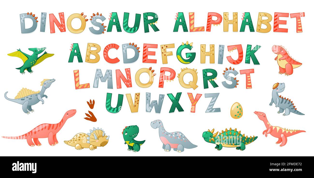 Dibujos animados lindo alfabeto de dinosaurios. Fuente Dino con letras.  Niños Ilustración vectorial para camisetas, tarjetas, carteles, eventos de  cumpleaños, diseño de papel, diseño infantil y infantil Imagen Vector de  stock -