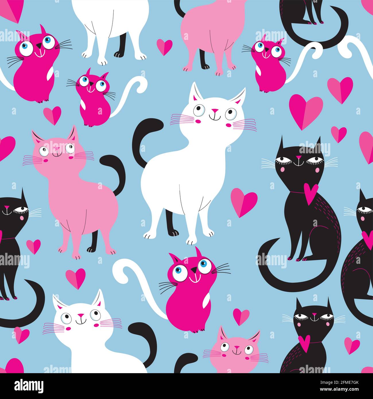 Divertido sin costuras brillante patrón festivo de los amantes de los gatos. Plantilla para papel tapiz o tela para el día de San Valentín. Ilustración del Vector