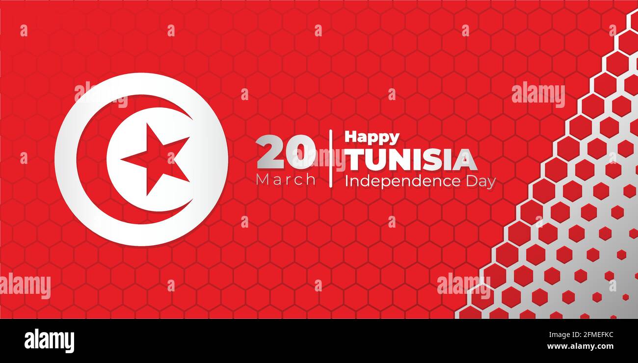 Fondo hexagonal rojo y blanco con diseño de bandera tunecina. Buena plantilla para el diseño del día de la Independencia de Túnez. Ilustración del Vector
