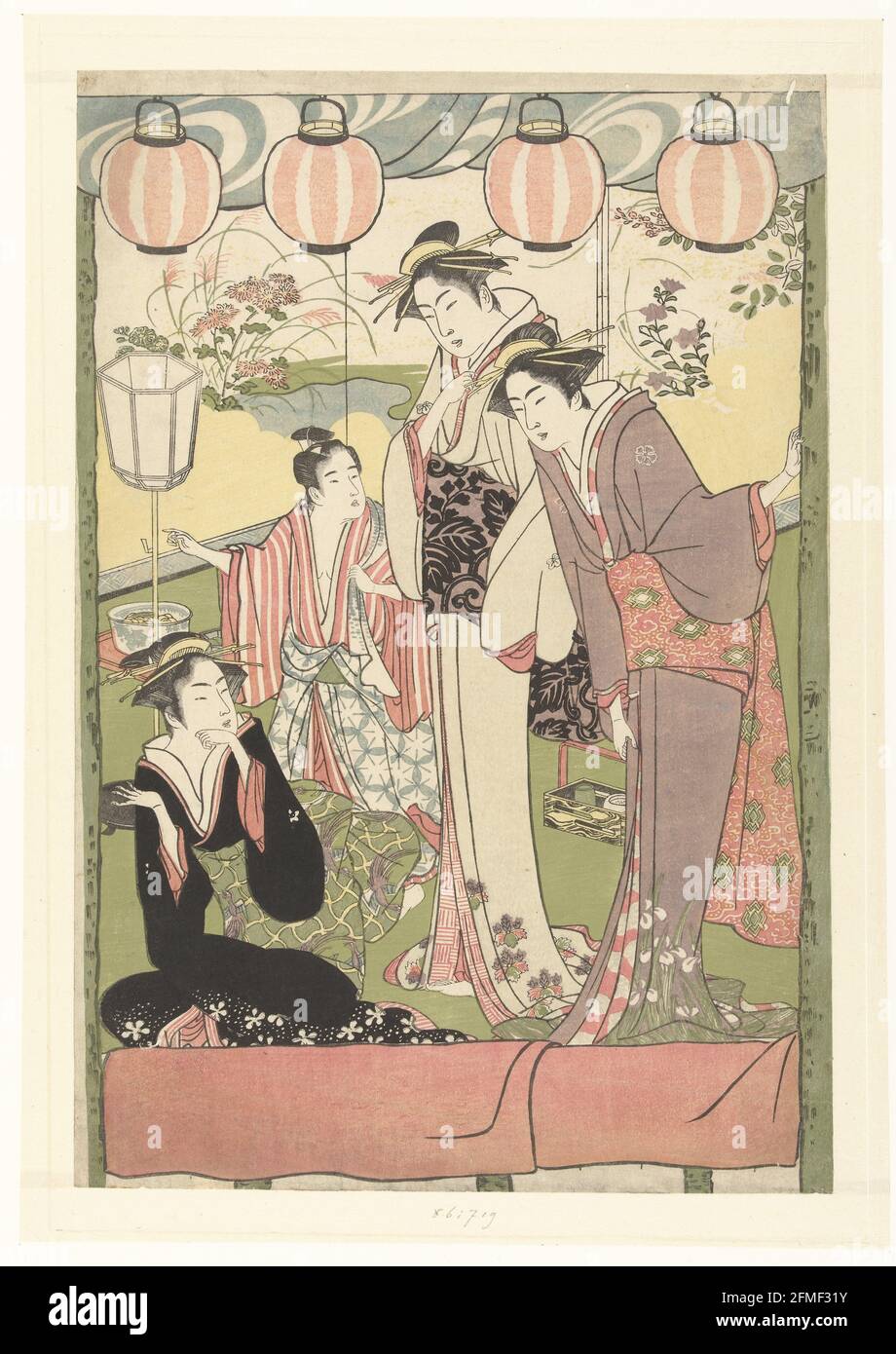 Tres mujeres y un niño bajo linternas, Kitao Masanobu atribuido a, 1780 - 1785 b Foto de stock