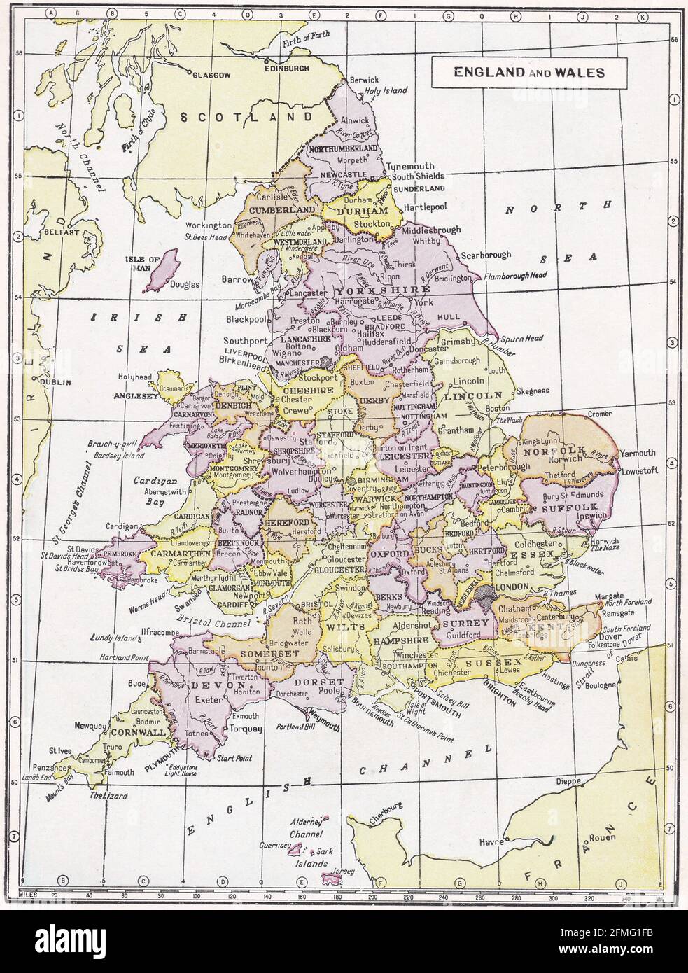 Mapa vintage de Inglaterra y Gales 1930s. Foto de stock