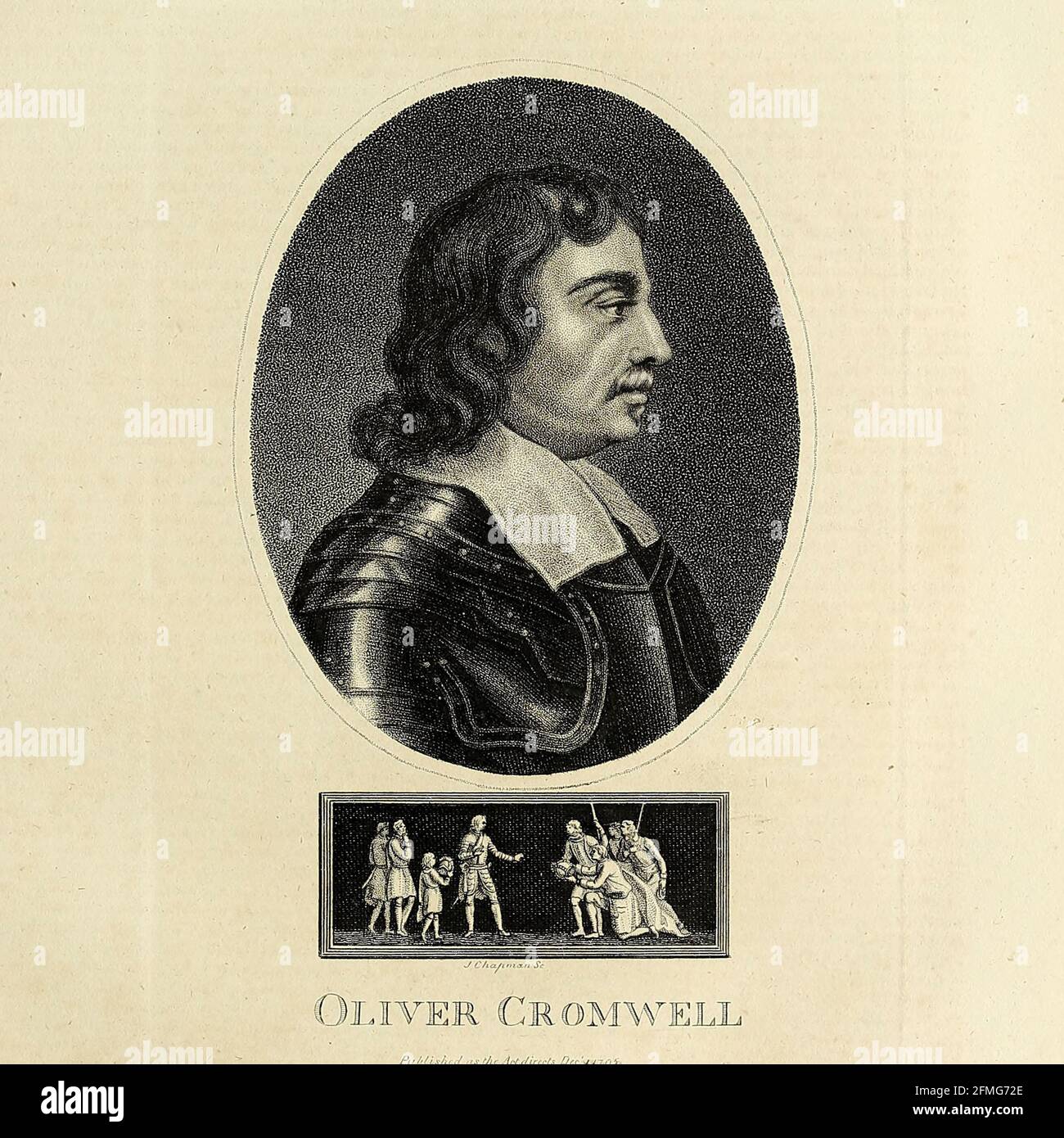 Oliver Cromwell (25 de abril de 1599 – 3 de septiembre de 1658) fue un general y estadista inglés que, primero como subordinado y después como Comandante en Jefe, encabezó ejércitos del Parlamento de Inglaterra contra el Rey Carlos I durante la Guerra Civil Inglesa, Posteriormente gobernó a las Islas Británicas como Lord Protector desde 1653 hasta su muerte en 1658. Actuó simultáneamente como Jefe de Estado y Jefe de Gobierno de la nueva commonwealth republicana. Coperplate grabado de la Enciclopedia Londinensis OR, Diccionario universal de artes, ciencias y literatura; Volumen V; editado por Wilkes, Juan. Publicado en Lo Foto de stock