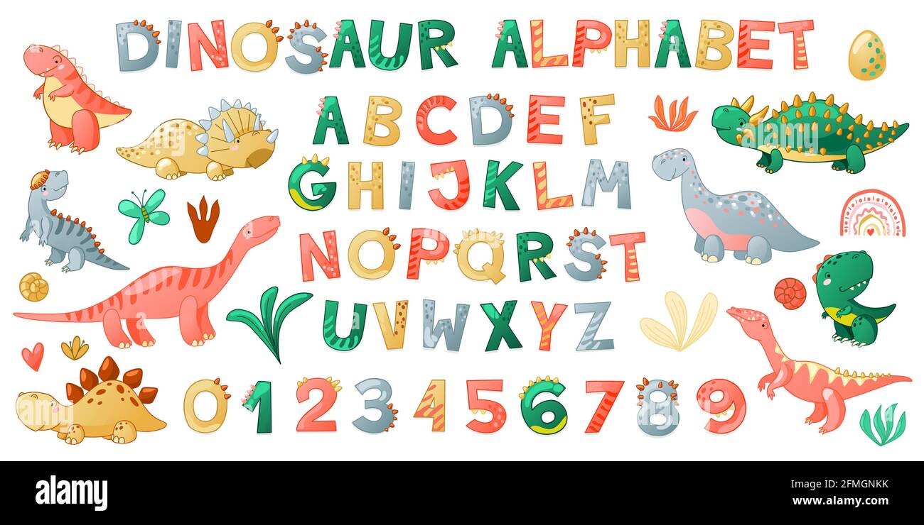 Dibujos animados lindo alfabeto de dinosaurios. Fuente Dino con letras y  números. Niños Ilustración vectorial para camisetas, tarjetas, carteles,  eventos de cumpleaños, diseño de papel, diseño infantil y infantil Imagen  Vector de