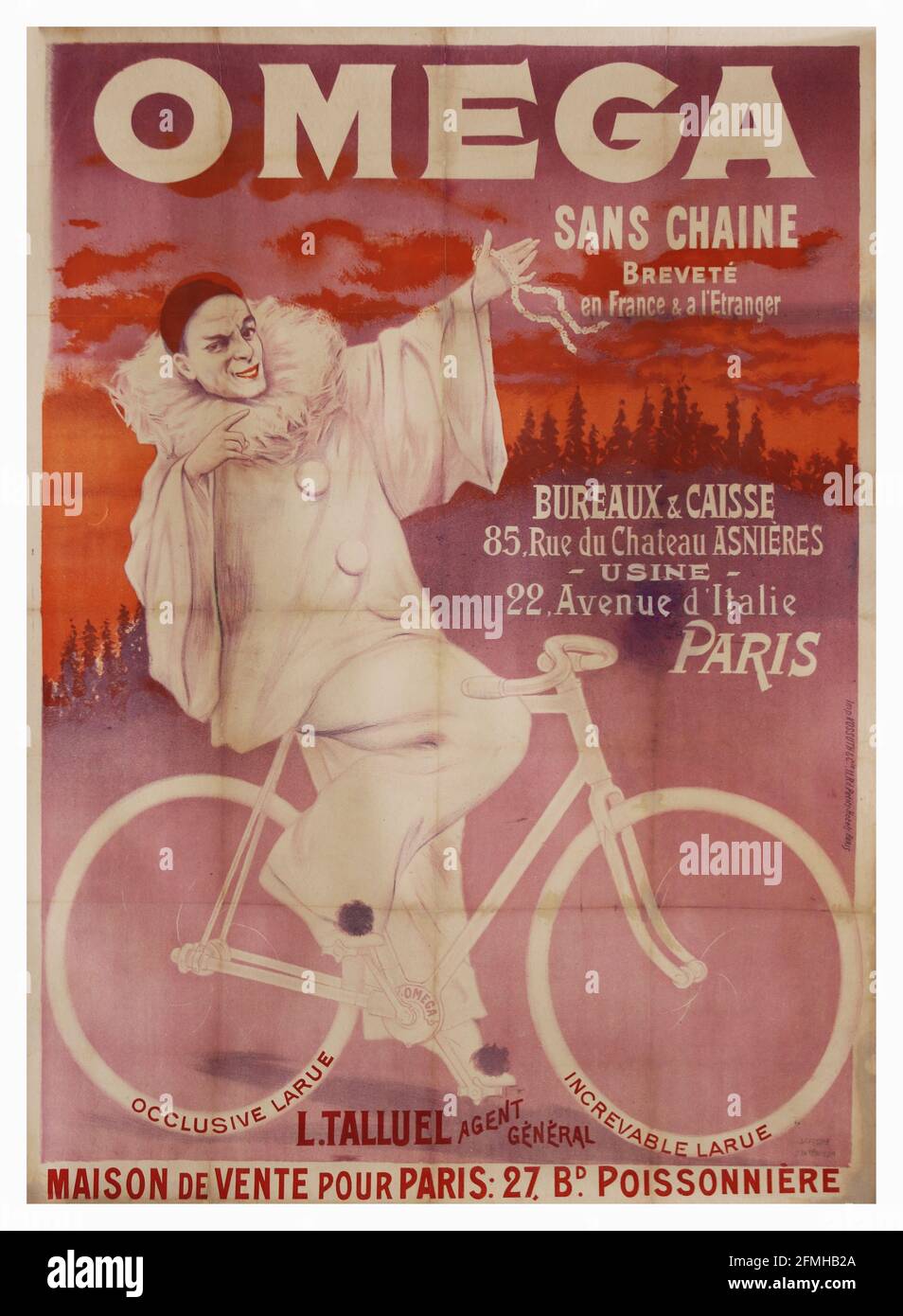 Omega – Sans Chaine. Oficinas y Caisse. 22 Avenue d'Italie París. Cartel publicitario de bicicletas. Antiguo y vintage. Mejorado digitalmente. Foto de stock