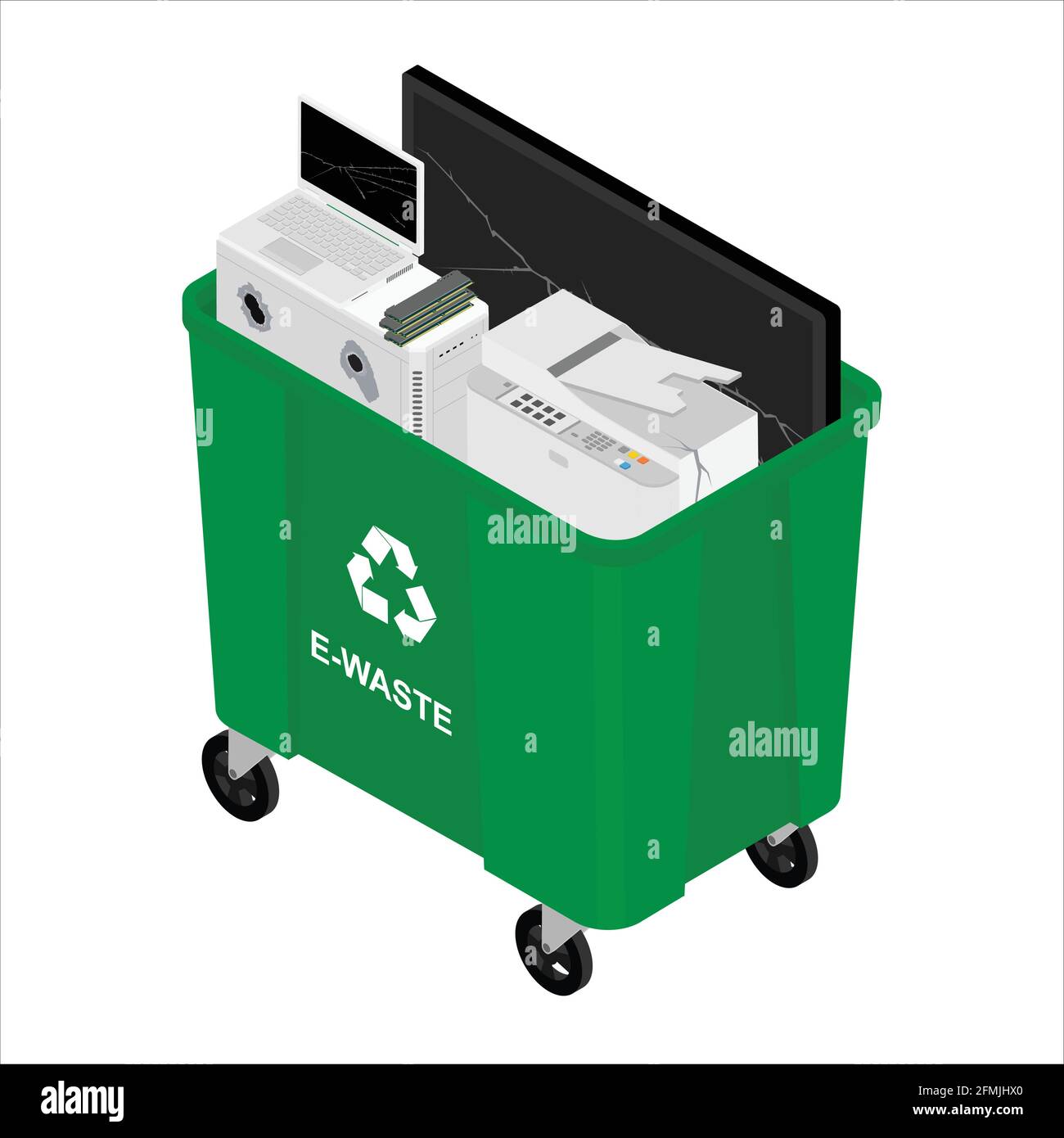Residuos electrónicos en lata verde de reciclaje, contenedor con  dispositivos eléctricos. Reciclaje de la separación de basura y reciclado  aislado sobre fondo blanco. Ordenado e Imagen Vector de stock - Alamy
