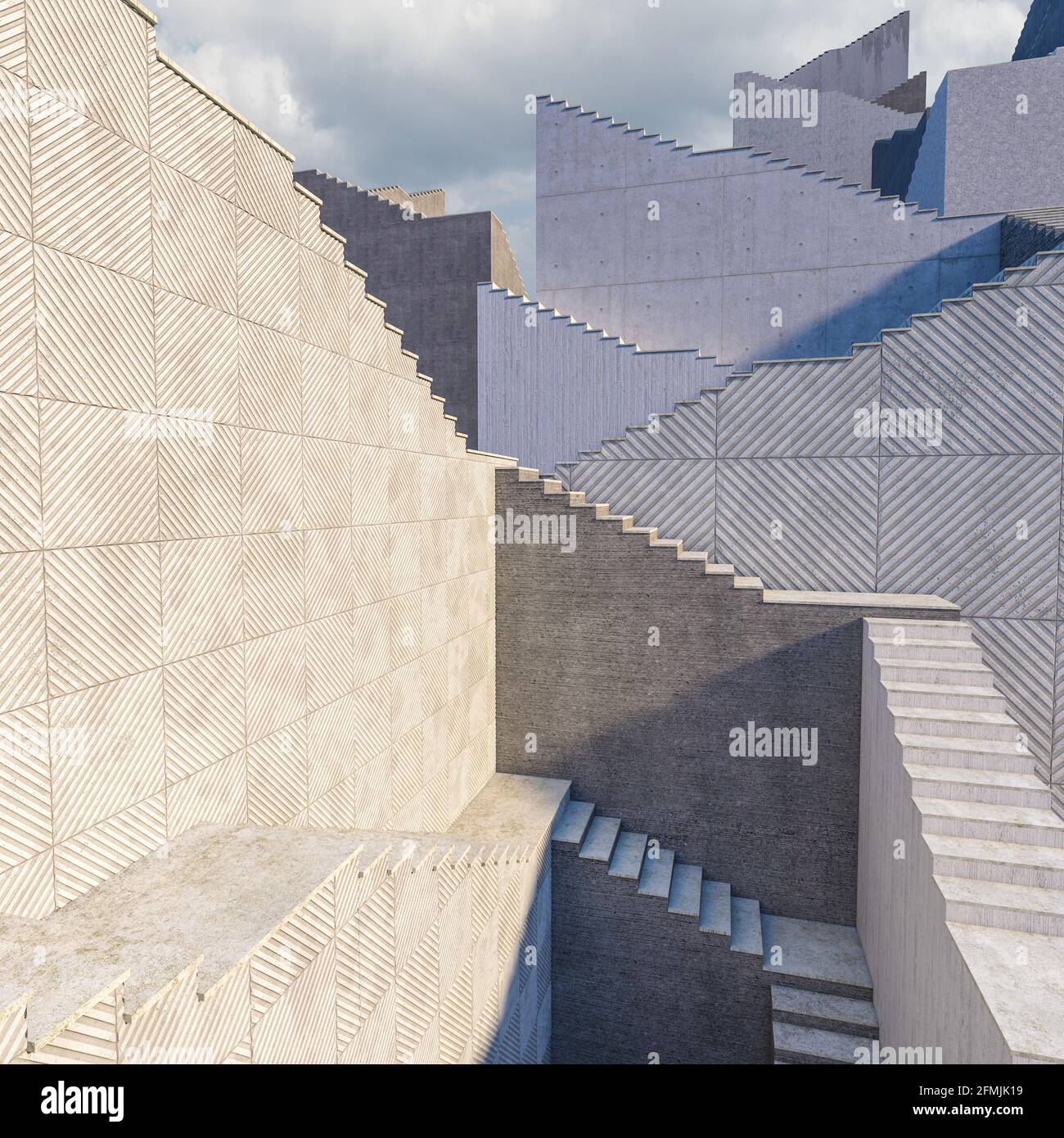 escaleras de hormigón abstraen la arquitectura, nadie alrededor. 3d renderizar. Foto de stock