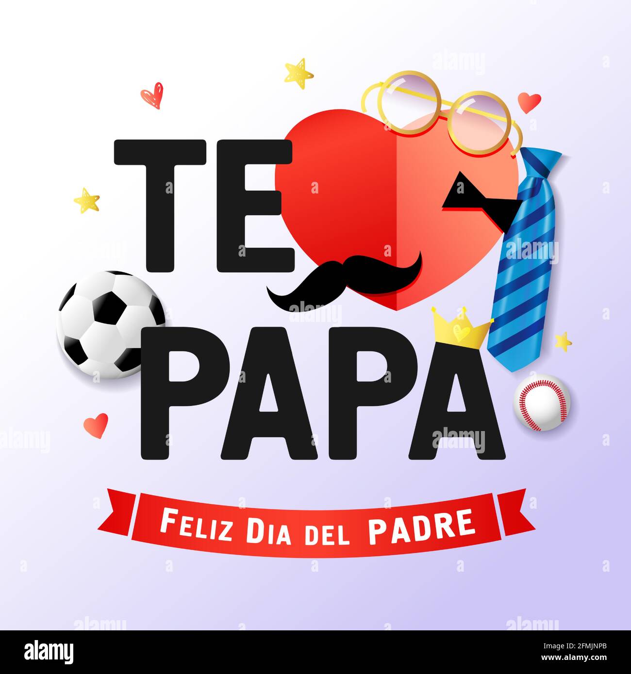 Feliz Día de los Padres, me encanta Papá versión en español con corazón de  papel rojo, gafas, bigote, corbata a rayas, lazo negro y bola. Promot.  Venta día padre Imagen Vector de