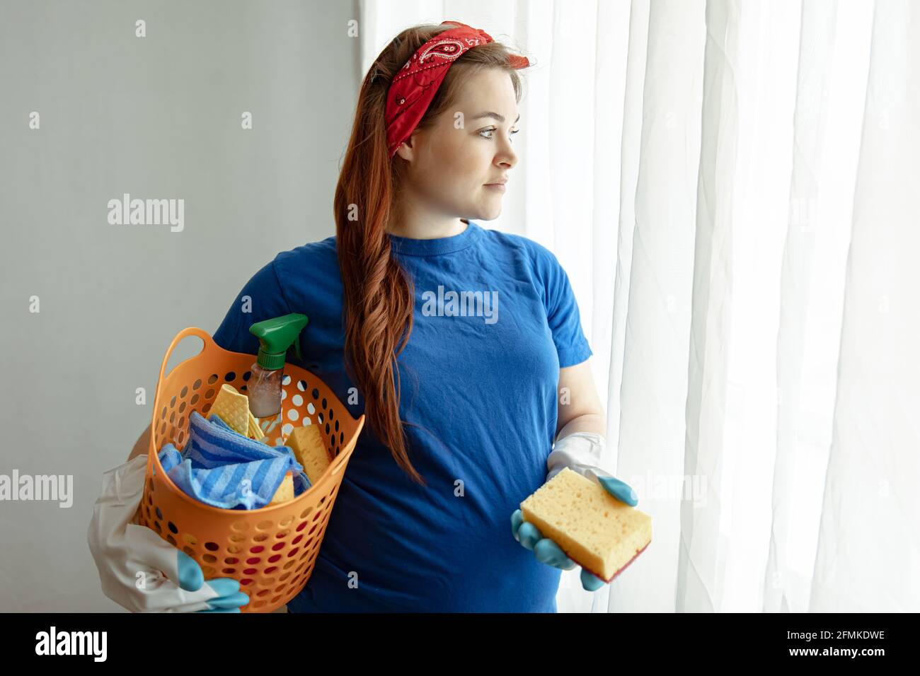 Mujer embarazada con una cesta de productos para limpiar la casa y mantener  la limpieza Fotografía de stock - Alamy