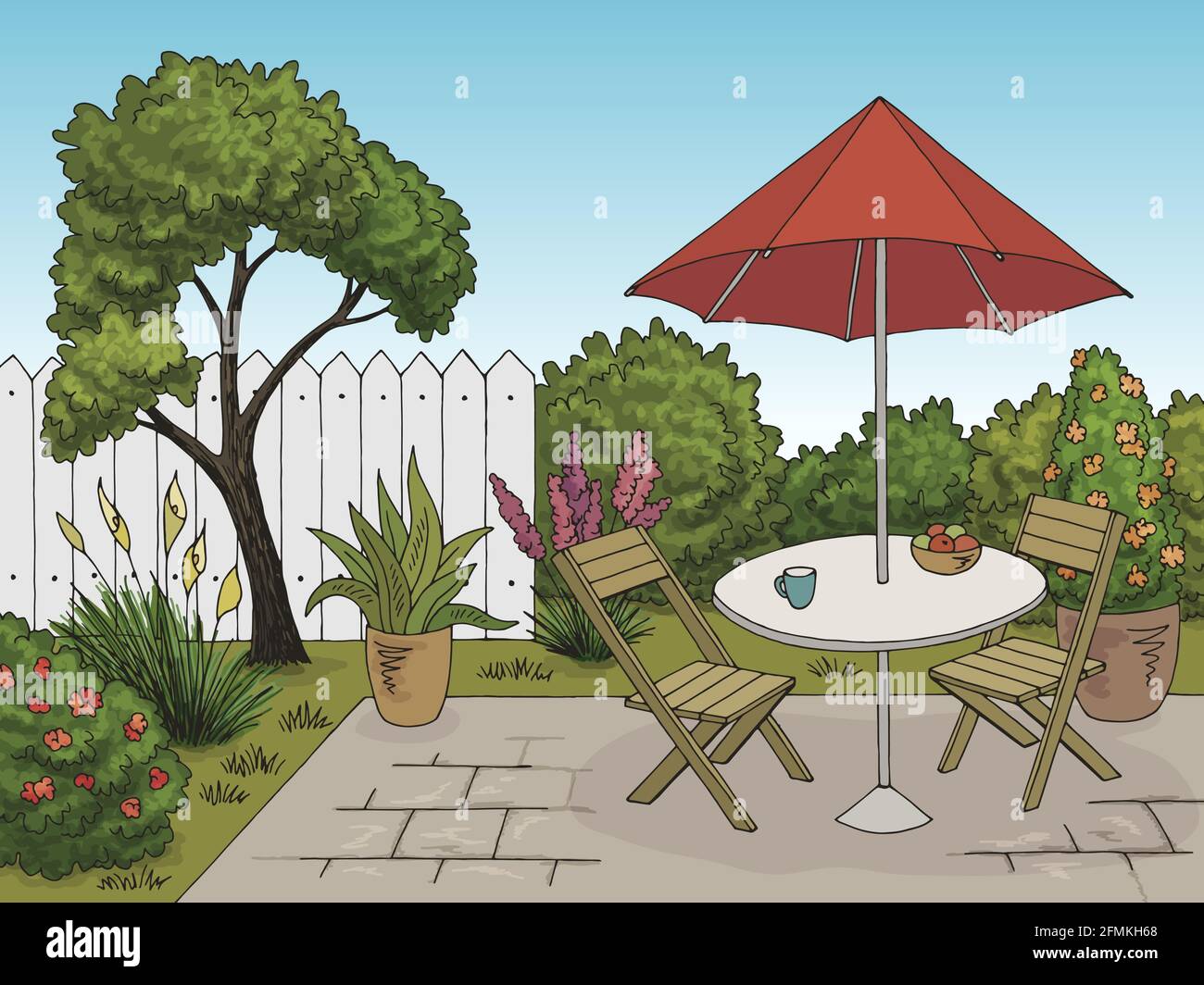 Jardín gráfico patio trasero mesa color dibujo vector ilustración Imagen  Vector de stock - Alamy
