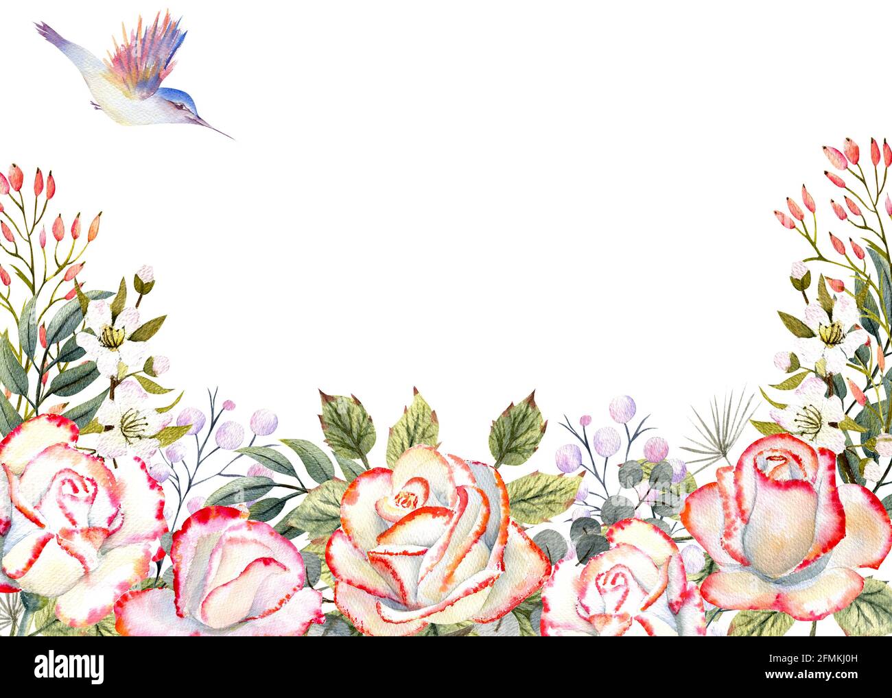 Marco horizontal con flores de color de rosa, hojas, decoración y  colibríes. Para el diseño de tarjetas de felicitación, invitaciones, etc  Fotografía de stock - Alamy