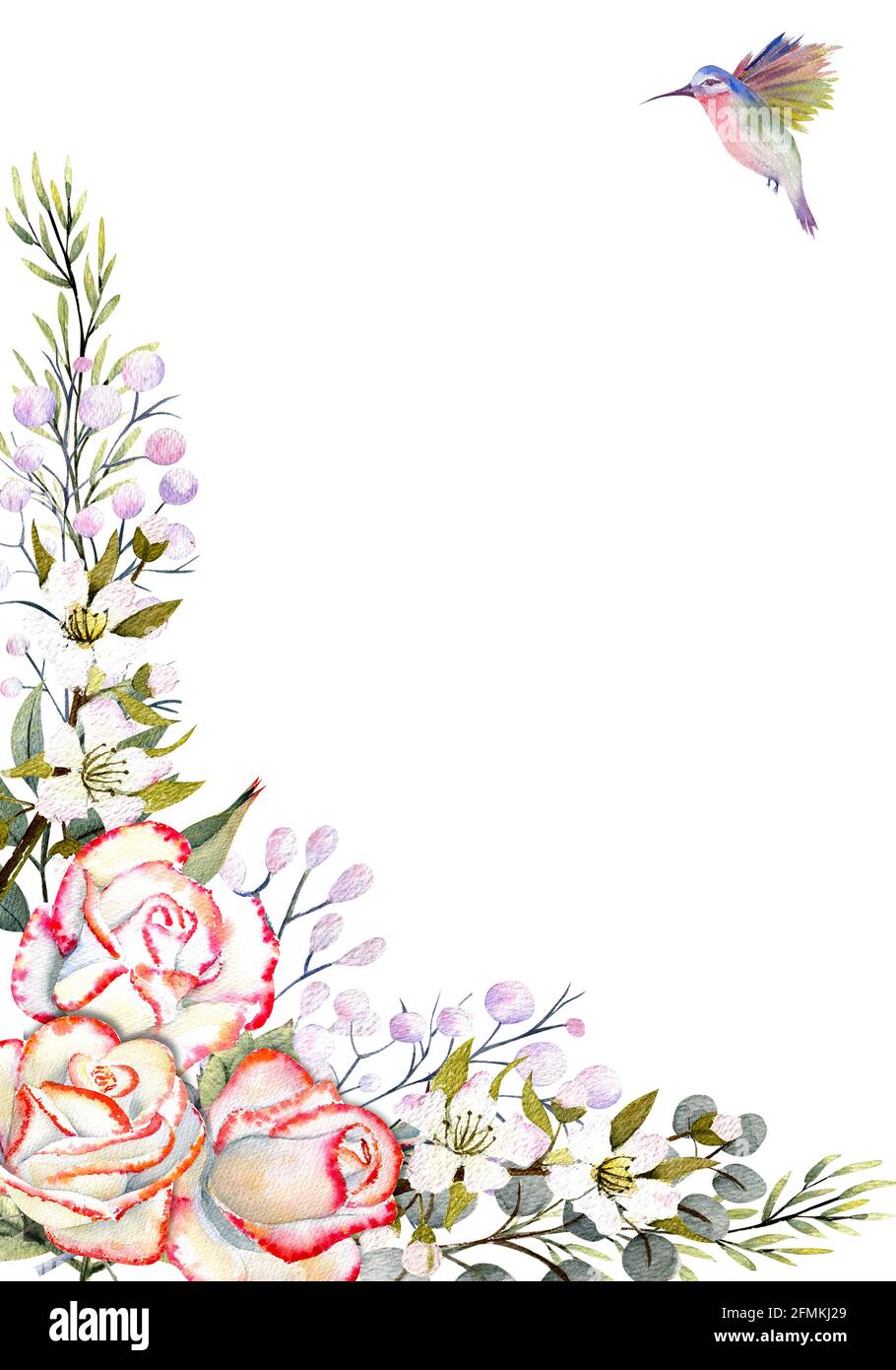 Marco vertical con flores color de rosa, hojas, decoración y colibríes.  Para el diseño de tarjetas de felicitación, invitaciones, etc Fotografía de  stock - Alamy