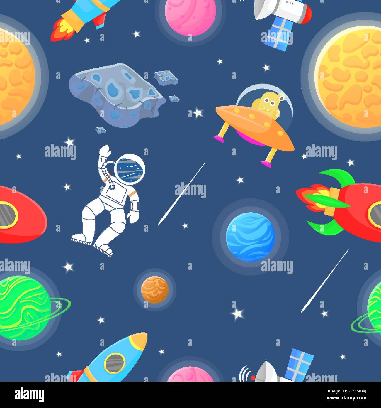 Tejido cósmico para niños. Astronauta con cohete y alienígena en el