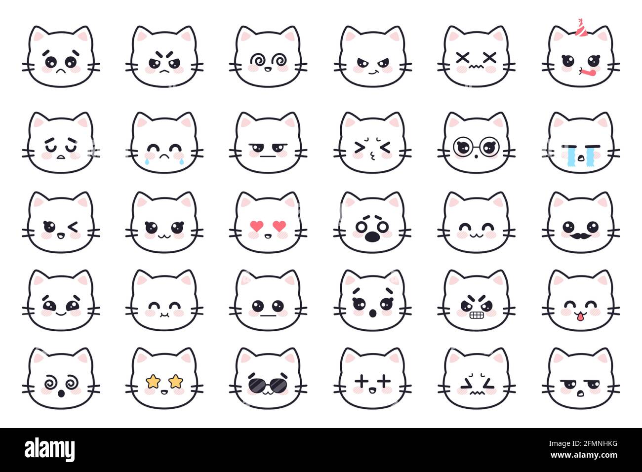Gatos kawaii. Blanco gatito cabeza de anime avatares con varias emociones miedo, grito y ira, apatía y muerte, alegría y sorpresa manga vector conjunto. Personajes de animados con gafas de sol,