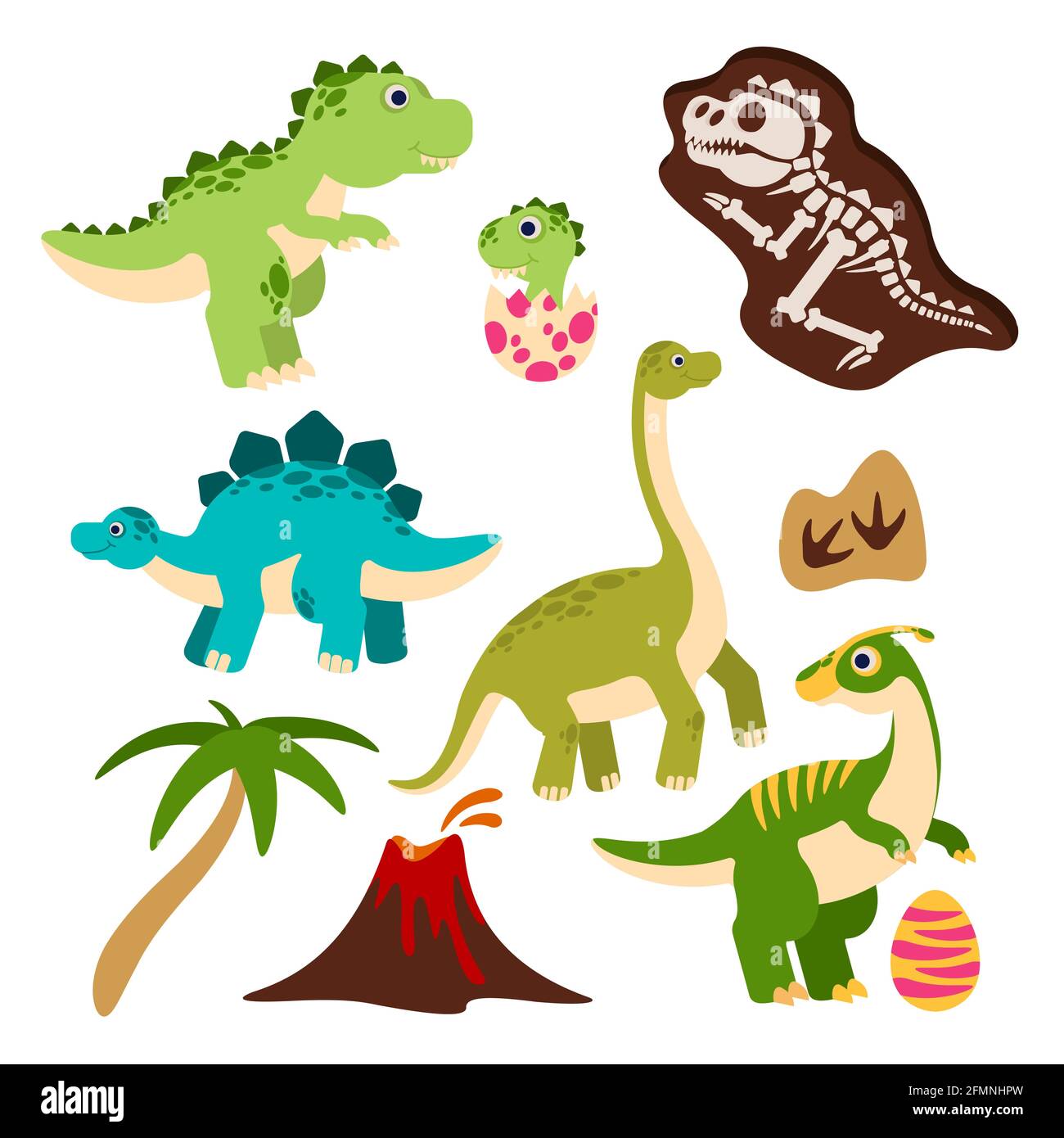 Dinosaurios lindos. dibujos animados dino, dragón bebé en huevo, esqueleto  de monstruo prehistórico, palmera y volcán. Divertidos animales jurásico  vectores personajes para niños libro o fiesta evento decoración Imagen  Vector de stock -