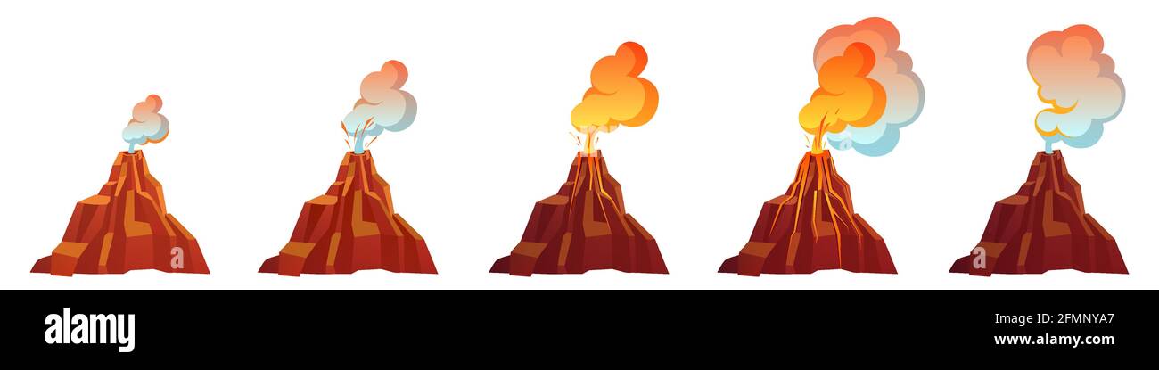 Proceso de erupción volcánica en diferentes etapas. Volcán erupción con flujo magma, fuego y nubes de humo, ceniza y gases. Vector de dibujos animados conjunto de montaña con cráter y lava aisladas sobre fondo blanco Ilustración del Vector