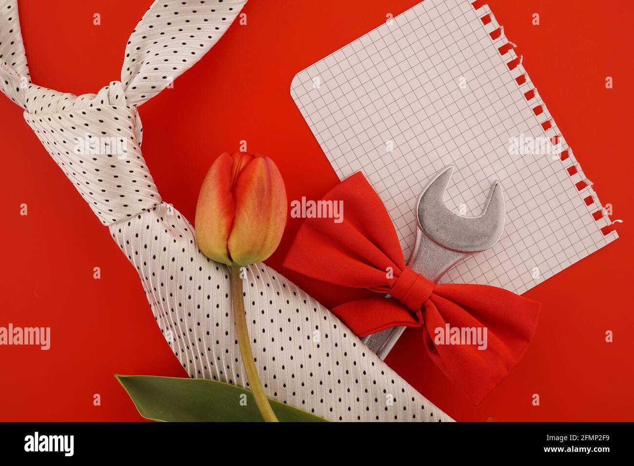 Vida romántica con atada con un lazo rojo, corbata y tulipán rojo colorido de primavera naranja sobre un fondo rojo y una página en blanco de papel Fotografía de stock -