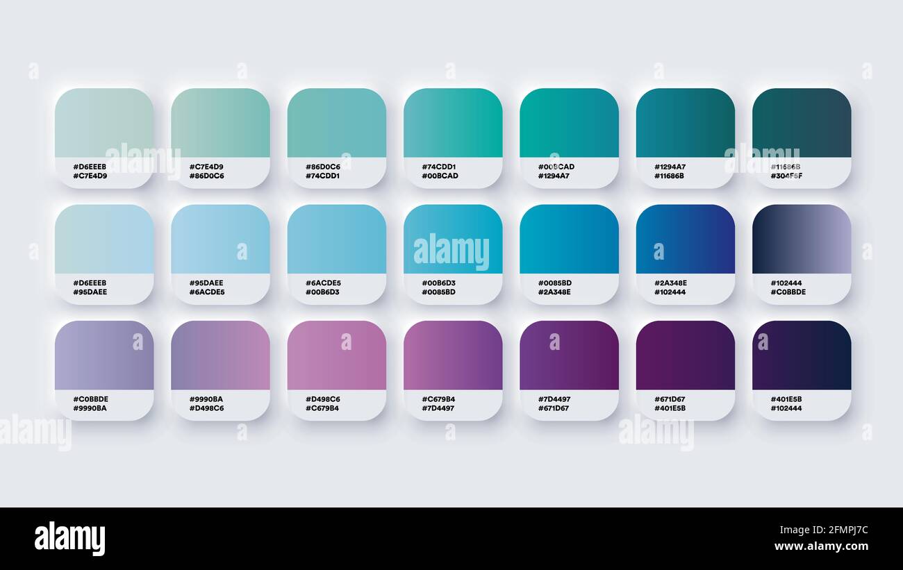 Muestras de catálogo de paleta de colores Azul y morado en RGB o. PASTA  HEXAGONAL y neón Imagen Vector de stock - Alamy