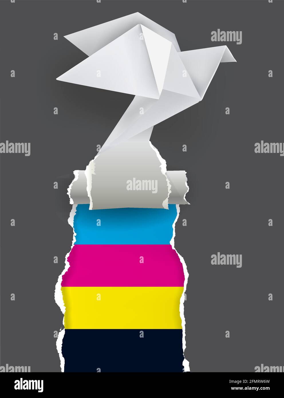 Pájaro origami con colores estampados. Papel paloma papel negro rasgado con colores de impresión cmyk. Concepto para la presentación de la impresión en color. Vector disponible. Ilustración del Vector