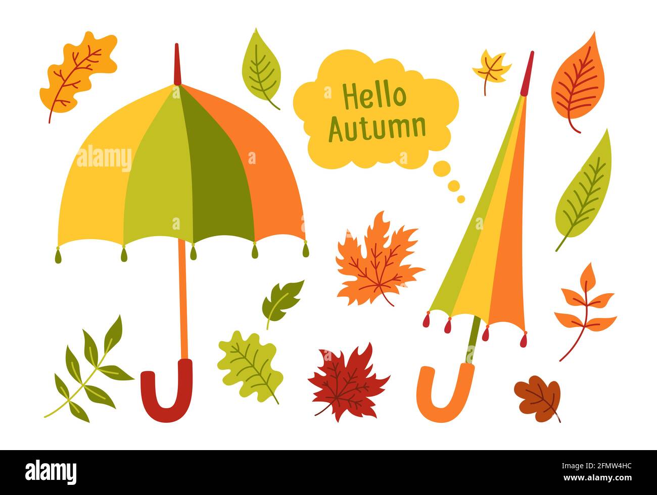 Paraguas y hojas dibujados a mano dibujos animados. Colección acogedora de  moda dibujada a mano en otoño. Elemento plano de la temporada de otoño del  álbum de recortes. Hojas de otoño y