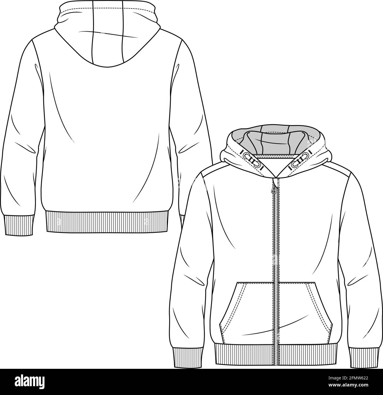 Sudadera con capucha para chicos plantilla de dibujo plana de moda. Jóvenes hombres cremallera delantera superior Técnica Moda Ilustración. Hombros capuestos y bolsillo delantero Ilustración del Vector