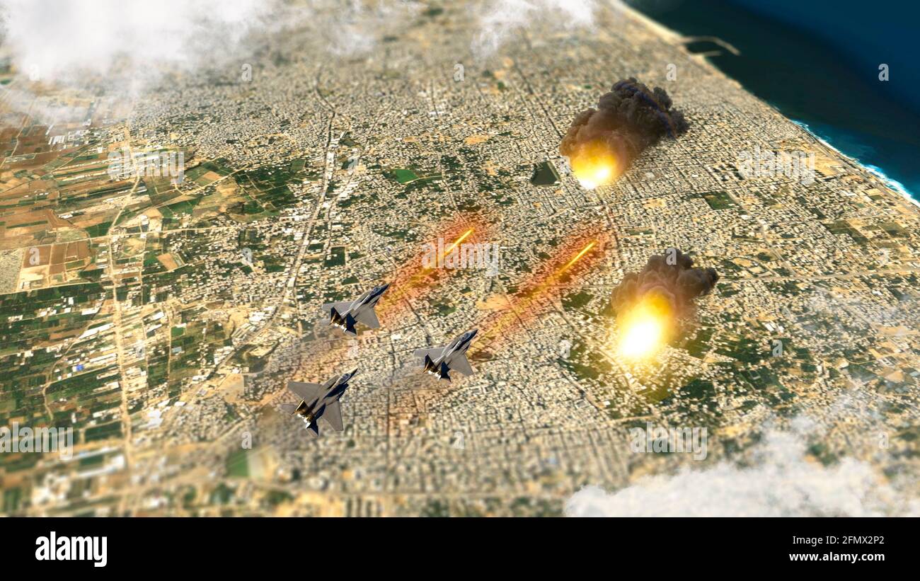 Ataque aéreo israelí en la Franja de Gaza, Palestina. La ciudad de Gaza. Aviones de combate bombardean objetivos sensibles dentro de la Franja de Gaza. Explosiones Misiles Foto de stock